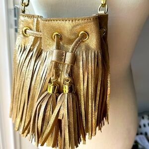 Lilly Pulitzer Sunset Safari Fringe Crossbody Bag - Gold Metallic Bronze.